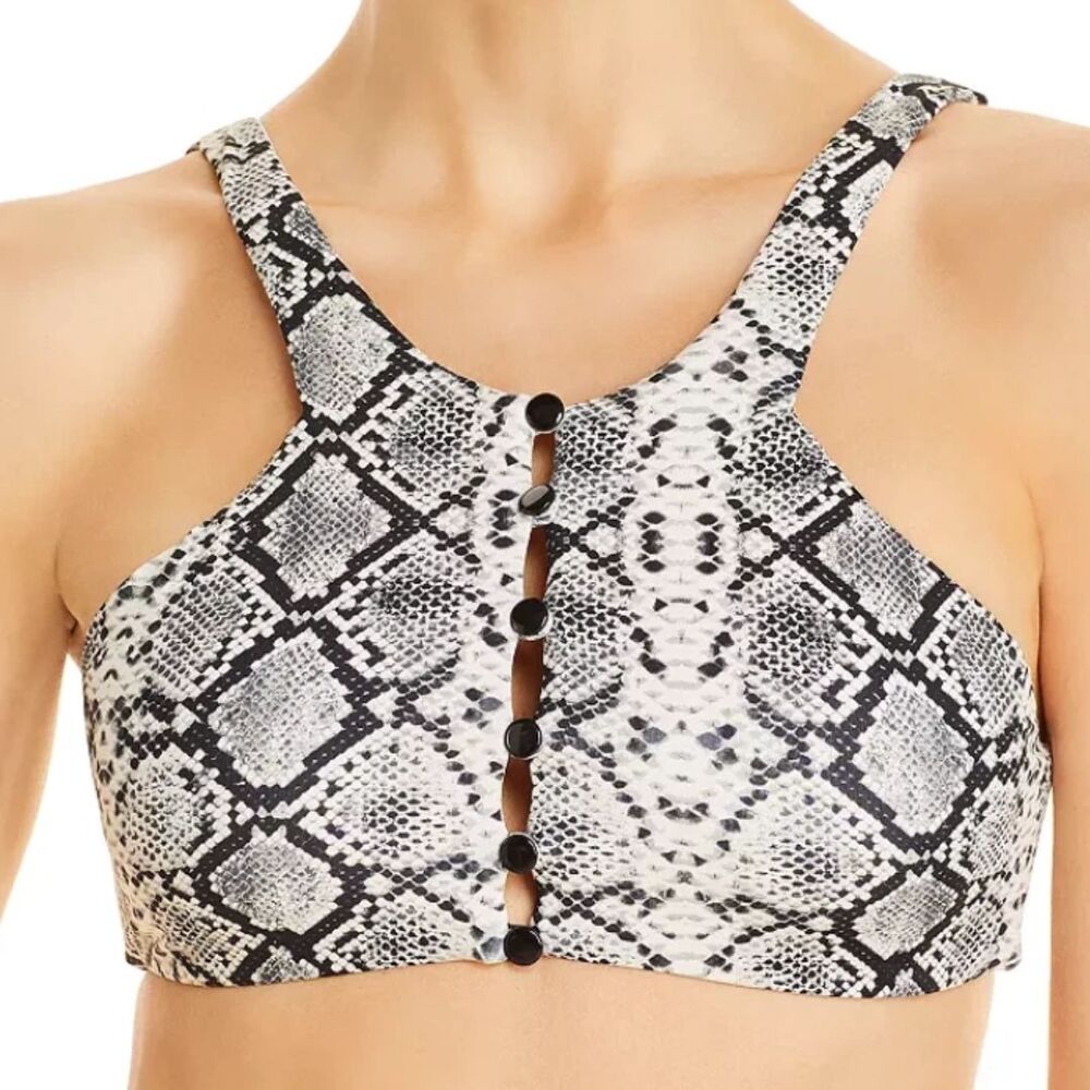 AQUA SWIM Black Cream Snake Print High Neck Swim Bikini Top NWT Medium